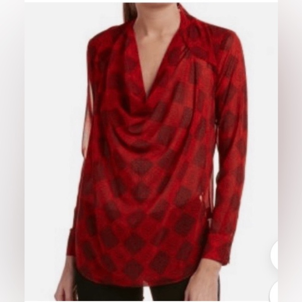 Cabi long sleeve diamond blouse, women’s size XS, cowl neck, keyhole back, sheer